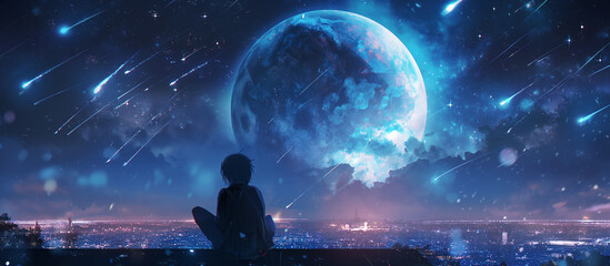 Anime boy on rooftop gazing at starry night sky, glowing moon, and city lights
