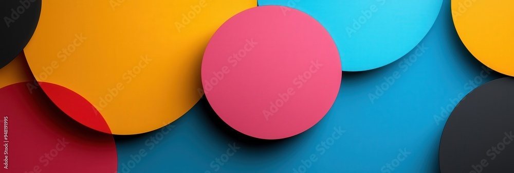 Poster Brightly colored circles in various sizes are layered on a vivid blue background, creating a dynamic visual composition that enhances modern decor