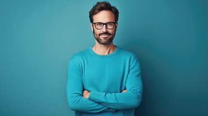 Fototapeta premium Cheerful bearded man in blue sweater smiling, standing with arms crossed on colored background.