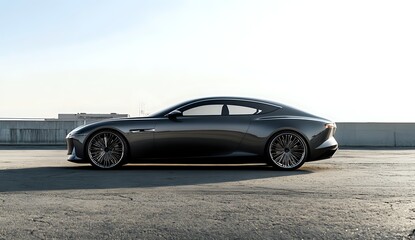 Sleek Black Coupe Car with Stunning Design, Parked on a Concrete Rooftop with a Breathtaking Skyline in the Background
