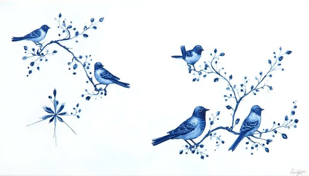 Traditional Delft porcelain pattern with intricate blue motifs on a white background, perfect for adding a touch of classic elegance to interiors.