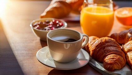 Continental breakfast with fresh croissants, orange juice and coffee, selective focuse.
