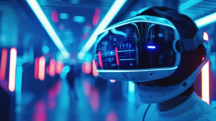 VR controllers and headsets, focusing on data visualizations in futuristic learning hub , STEM education