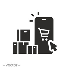 click with collect order icon, ecommerce, online shipping, phone consumer, pick and receive box, flat vector illustration