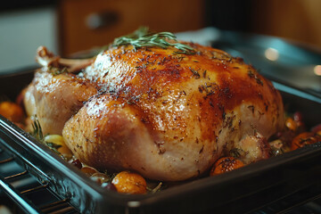 Whole roasted beautiful turkey is presented on a platter, garnished with fruits and herbs, creating a visually appealing centerpiece for a thanksgiving day feast