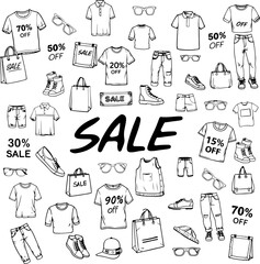 Sale caption surrounded by doodle clothing items and captions with discount percentages. Vector elements in line art style on transparent background