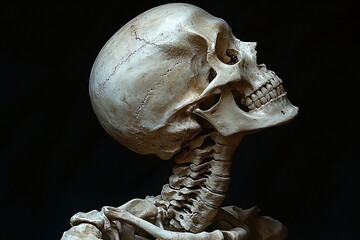 A detailed skeleton against a black background, perfect for Halloween designs, decorations, and themed events with copy space.