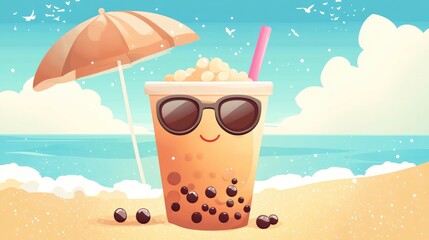 A cartoon bubble tea wearing sunglasses, relaxing on a beach with boba pearls as its sunblock.