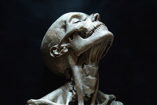 A haunting skeleton against a black background, perfect for Halloween decorations, invitations, or themed events, with copy space.