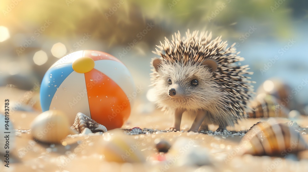 Sticker A cute cartoon hedgehog stands on a beach with a beach ball and seashells.