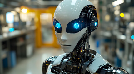 Humanoid robot with bright, intelligent blue eyes and a sleek, modern metallic body design photo