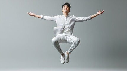 Energetic Asian Man Jumping With Arms Outstretched In Grey Studio Background