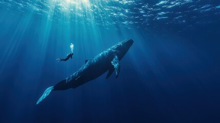 Fototapeta premium Diver with giant whale in deep sea
