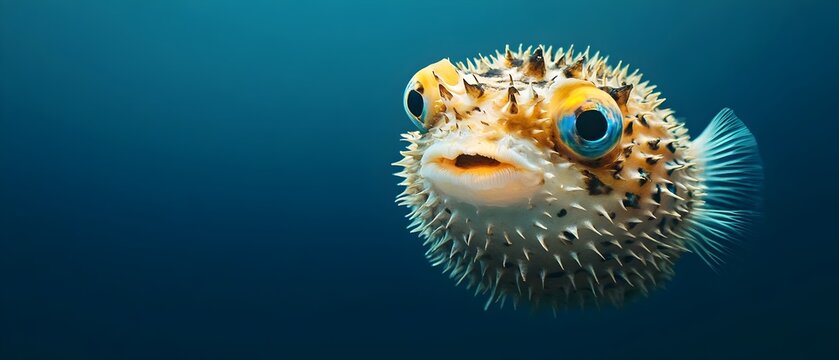 A close-up of a pufferfish with its spines extended, floating in a dark blue ocean.