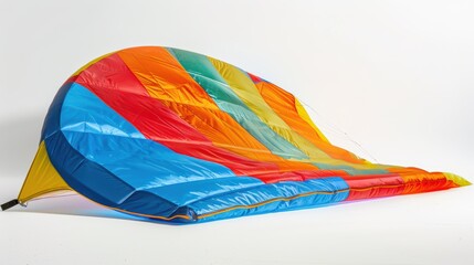 Colorful inflatable kite laying on white studio background