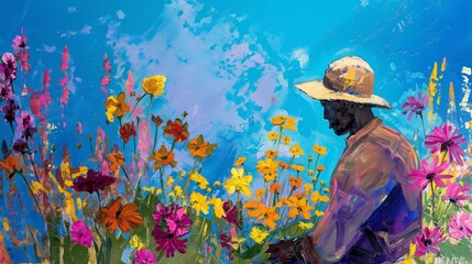 oil painting style illustration with grungy texture, An old African American gardener man in flower gardener
