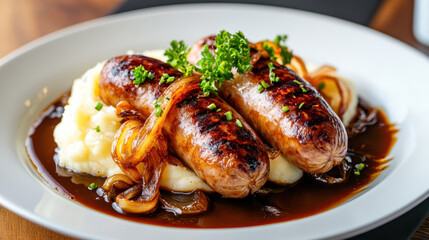 Grilled sausages served on creamy mashed potatoes with caramelized onions and parsley garnish in a flavorful sauce
