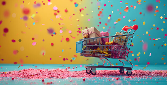 shopping troly with flying confetties