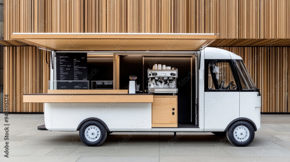 Wall mural A food truck with wooden details is parked in front of an industrial-style building with a wooden facade and stone flooring, inviting visitors to enjoy fresh coffee and a casual atmosphere