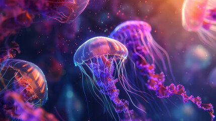 Naklejka premium Ethereal, glowing jellyfish floating in a vibrant, iridescent ocean, creating a surreal underwater landscape.
