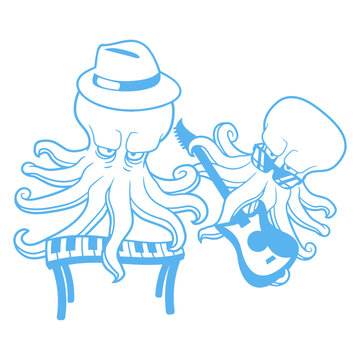 recommend clip art: Two Octopus Squid Kraken Underwater Marine Sea Tentacles 2 Friends Team Keyboard Piano Keys Sunglasses Loudly Play Electric Guitar Hard Rock Guitarist Instrument Musician Heavy Metal Musician Band