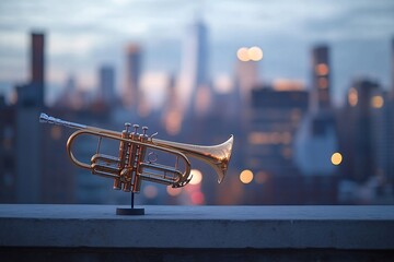 Trumpet on Rooftop with City Skyline at Dusk