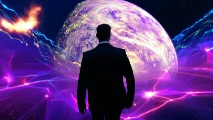 Man in Futuristic 3D Universe: Abstract Walk Through Planets and Stars in a Cosmic Landscape - Powered by Adobe