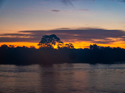 Sunrise on the Amazon west of Anam&atilde; in Brazil.