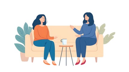 Two women sitting on the sofa talking to each other flat vector illustration with white background
