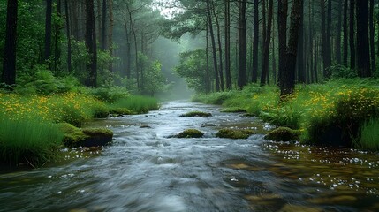 Nature Landscape with Flowing River and Forest