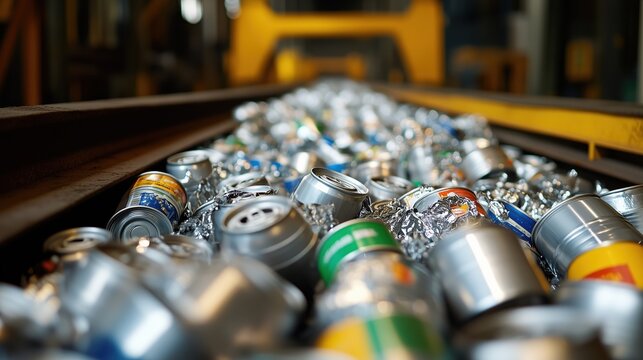Recycling Plant Conveyor Filled with Aluminum Cans. Conveyor belt filled with crushed aluminum cans moves through a recycling plant, highlighting the recycling process and waste management.
