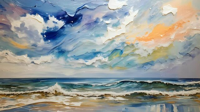 Parallax animation of impressionist textured oil painting sketch abstract seascape with sea waves rolling on seashore. Animated expressive palette knife art with thick brushstrokes and paint splashes.