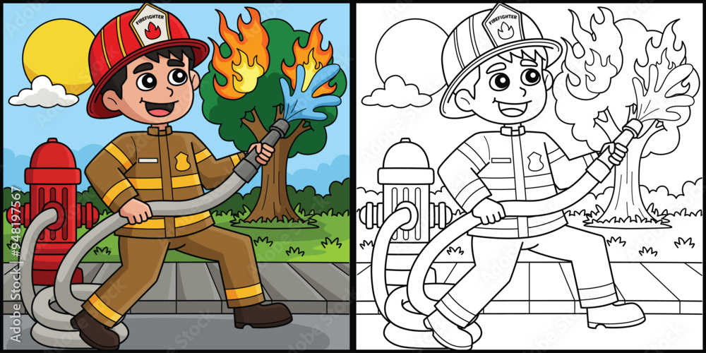 Wall mural Firefighter Putting Out Fire Coloring Illustration