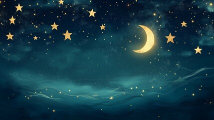 Naklejka premium Whimsical Night Sky with Crescent Moon, Stars, and Clouds in Minimalist Style. Perfect for Posters, Backgrounds, and Banners with Ample Negative Space for Custom Text or Design Elements