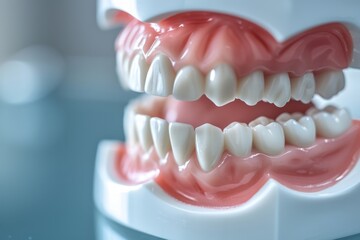 Obraz premium Dental model with teeth on cabinet background for medical study