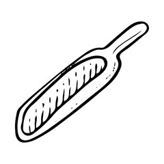 Kitchen scoop hand drawn doodle. Wooden spatula for bulk products. Tableware. Spoon with handle. Kitchen utensils. Vector sketch line art illustration.