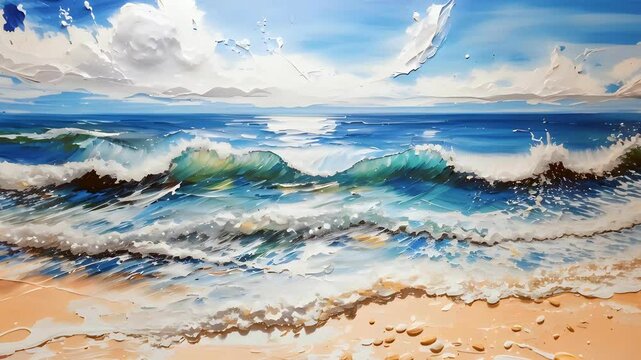 Parallax animation of vibrant impressionist oil painting art sketch of abstract seascape with sea waves and sandy beach. Animated expressive palette knife artwork with thick textured brushstrokes.