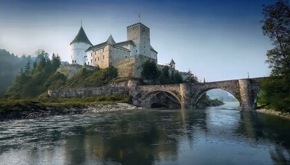 Naklejka premium Castillo medieval a los pies de un rio bravo, y un puente medieval cruzando el río
