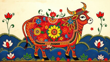 Obraz premium Pattern with cow Abstract painting, cow pattern, flower ornament pattern.seamless pattern with cow and flowers