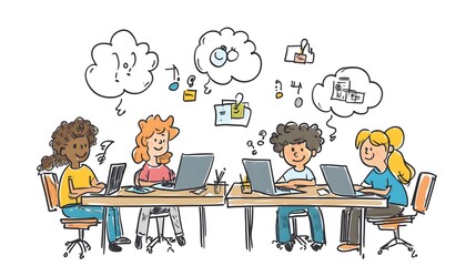 Students sitting around an office table, their laptops and digital devices in front of them, doodle style