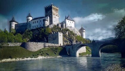 Obraz premium Castillo medieval a los pies de un rio bravo, y un puente medieval cruzando el río