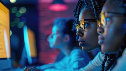 Obraz premium teenagers work on computer programming in a vibrant, neon-lit tech lab,STEM education