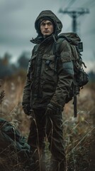 Obraz premium In a desolate field, a man in a gray-green hooded jacket wears a large backpack, evoking a post-apocalyptic vibe. The scene highlights survival in a ruined world.