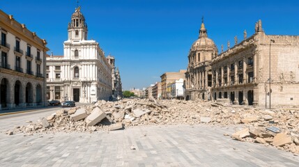 Obraz premium The corner wall of a building lies collapsed amid rubble and debris in the city center, showcasing severe earthquake damage to Mexican-style architecture