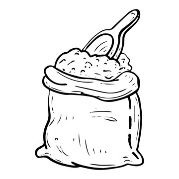 recommend clip art: Bag of flour hand drawn doodle. Ingredient for making dough. Wheat flour. Kitchen pantry supplies. Wooden spoon. Vector sketch line art illustration.