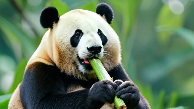 Cute fluffy chubby panda munching on bamboo in lush green surroundings during daytime