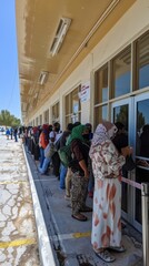 Obraz premium The image shows a variety of people in a long queue outside a white building observing safety precautions