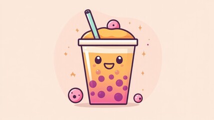 A playful cartoon bubble tea holding a straw, with boba pearls bouncing around happily.