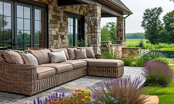 A cozy outdoor sectional invites relaxation amidst vibrant flowers and greenery, creating an inviting space perfect for leisurely afternoons under the sky