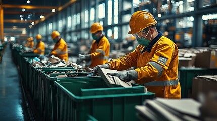 Obraz premium Recycling Plant Workers Sorting Paper Waste. Workers in protective gear sort paper waste at a recycling plant, demonstrating efforts to manage waste sustainably and protect the environment.
